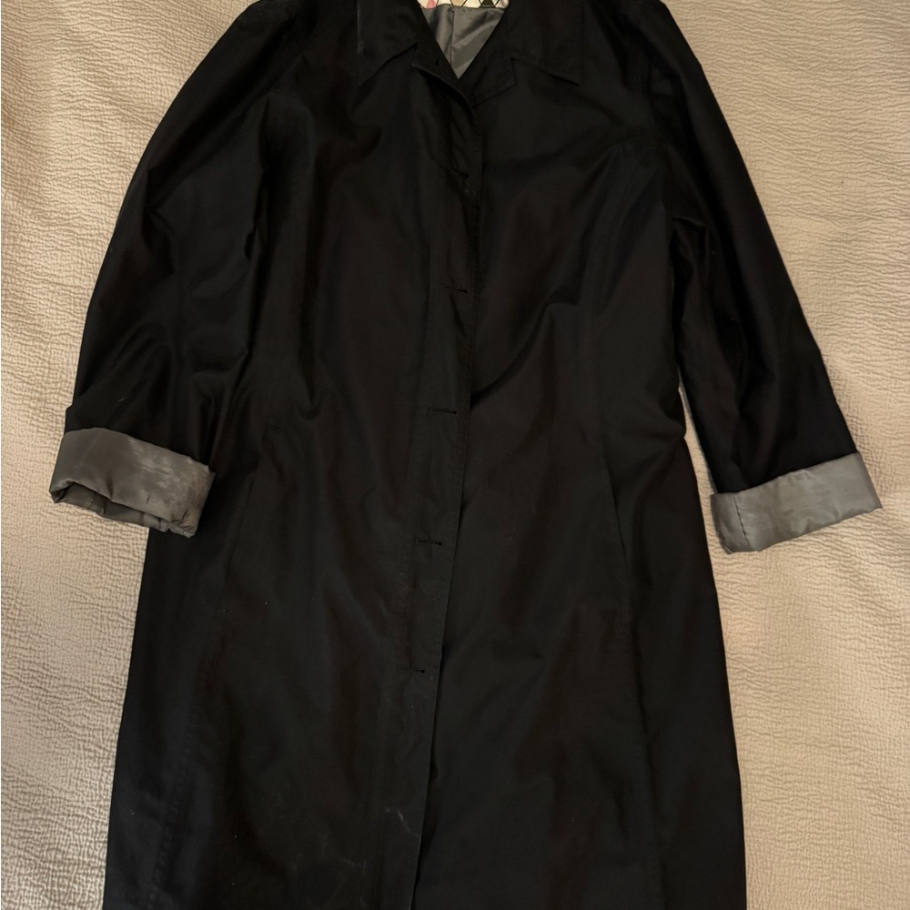 Lands' End Black Trench Coat with Multicolor Argyle Lining